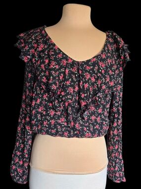 Forever 21 Black Blouse with Pink Floral Ruffles Sz L